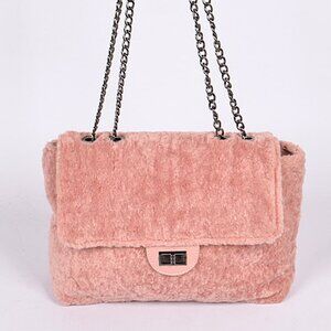 Large FAUX FUR SHOLDER OR CLUTCH BAG (11" X 10" X 3.5") Black, Pink and Camel